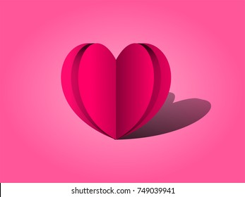 Paper heart with perspective shadow isolated on pink background. Logo, icon, sign or symbol. Style graphic design. Vector illustration EPS 10.