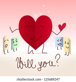 Paper heart proposing to a viewer - office valentine concept postcard