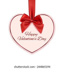 Paper heart with red ribbon and a bow. Valentines day greeting card. Vector illustration
