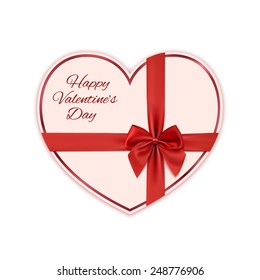 Paper heart with red ribbon and a bow isolated on white background. Valentines day greeting card. Vector illustration
