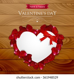 Paper heart with rose petals on a wooden background, vector illustration with text.