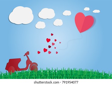 Paper heart shape balloon flying on the sky with heart float and a classic scooter on green grass ground.Paper art vector illustration. Valentine and love concept. 