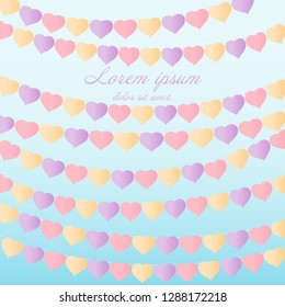 Paper heart shape flags pastel color hanging on blue sky background 