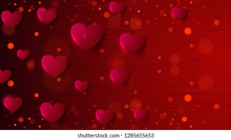 Paper heart shapes decorated red bokeh background for Valentines Day celebration concept.