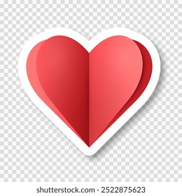 A paper heart sticker with a shadow on a transparent background. The red heart icon. Vector EPS 10.