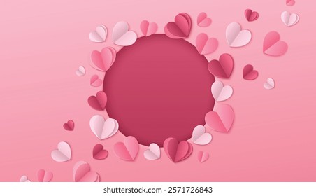 Paper heart Valentine day banner with circular frame - decorative border made of folded rose, pink and red romantic shapes with message placement. Greeting card or seasonal promotion design.