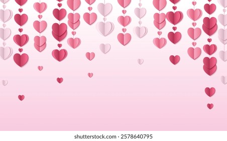 Paper heart valentine day decoration on pink background - folded romantic cutouts hanging in garland. Crimson, rose and blush colored romantic and love shapes. Wedding or mother festive design.