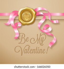 Paper heart Valentines day card with wax seal and ribbons
