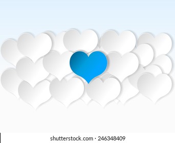 Paper hearts background with alone blue heart. Vector concept illustration