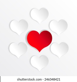 Paper hearts background with alone red heart. Vector concept illustration