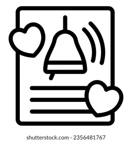 Paper with hearts and bell, love letter line icon, dating concept, romantic message vector sign on white background, outline style icon for mobile concept and web design. Vector graphics