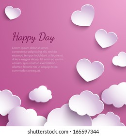 Paper hearts and clouds on a pink background. Valentine's Day. Vector illustration. Abstract design.