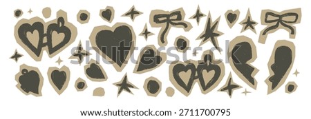 Paper hearts cutout with texture crayon for a scrapbook or love theme. Collage has a torn heart stickers and a cut icon in a locket shape. Ideal for valentine crafts and journal backgrounds.