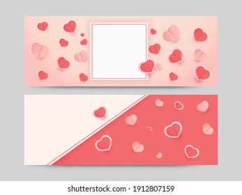 Paper Hearts Decorated On Red Background With Space For Text In Two Options.