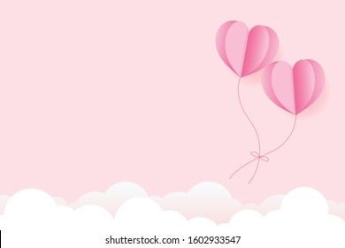 Paper Hearts Float and Red Yarn tied together Soulmate Poster with copy space on pink sky with cloud background. Vector Illustration, Valentine's Day Poster