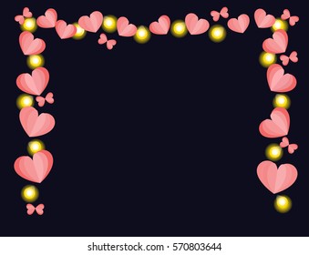 Paper hearts and glowing lights string frame vector on black background. Valentine's day or wedding border.