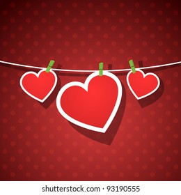 Paper hearts hanging from a rope, on red wallpaper. Part of Valentines day set. Vector art.