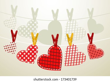 Paper hearts hanging from a rope. Part of Valentines day set. Vector.