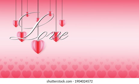 Paper hearts are hung by ropes and arranged in a heart shape. Against the pink background