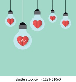 Paper hearts in light bulb. Graphic design for Valentine’ day. paper cut and craft style. vector, illustration. Love design.Valentine love bulb with a red heart.