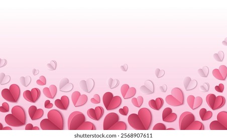 Paper hearts on pastel background. Vector realistic illustration of red and light pink love symbols on saint valentine, mothers day or birthday card, romantic flyer backdrop, holiday discount banner