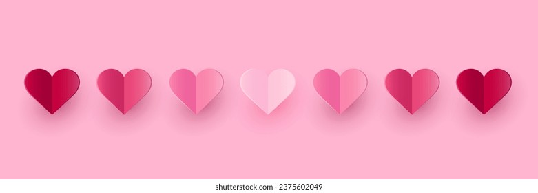 Paper hearts on pink background. Concept of a banner for Valentine’s Day, Mother’s Day and Women’s Day. Banner. Vector illustration