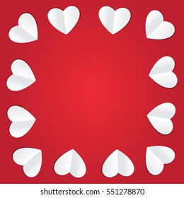 Paper hearts on red background. Vector.