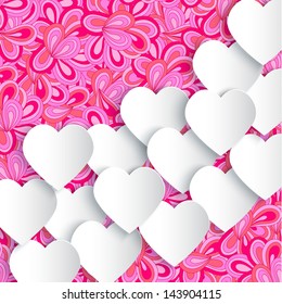 Paper hearts on the seamless doodle floral background. Vector illustration