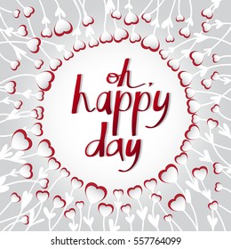 Paper hearts on swirly stems with shadow on white. Space for text. Vector art for save the date card, wedding invitation or valentine's day card. Oh, happy day