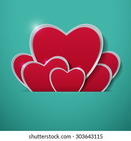 Paper Hearts on Turquoise Background, Vector Illustration