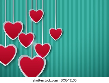 Paper Hearts on Turquoise Background, Vector Illustration
