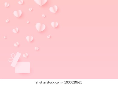 Paper Hearts out of the gift box with copy space . Paper Heart flying on pink background. Vector Illustration, Mother's Day, Valentine's Day