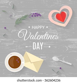 Paper hearts over wooden table. Valentine's day concept. Vector illustration