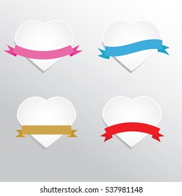 Paper hearts with ribbons. Vector illustration, design elements, mockup for Valentine cards, romantic, wedding design, social media banners