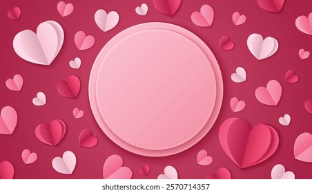 Paper hearts and round frame on red background. Vector realistic illustration of pink origami love symbols and circle border on saint valentine, mothers day or birthday card, holiday discount banner