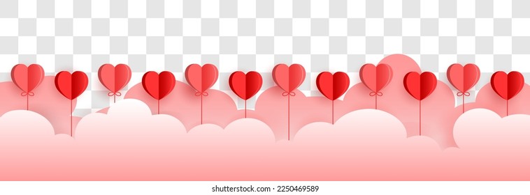 Paper hearts it the sky. Happy Valentine's Day banners.Red 3d paper hearts garland.Valentine's Day seamless pattern. Hearts garland isolated on a transparent background. Valentine's day decoration.