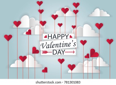 paper hearts soar in the sky and paper clouds. balls raise tallick on Valentine's day. Illustration for Valentine's Day.