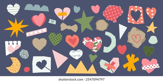 Paper hearts, star, clouds, mounts torn elements, collage origami ripped design shapes set. Handmade decorative figure romantic templates for greeting or invitation cards vector illustration