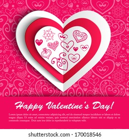 Paper hearts valentine day card with ornament background vector illustration