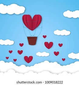 Paper hearts Valentines day vector love art card origami style romantic holiday background romance creative illustration. Valentine air balloon wedding beautiful banner.