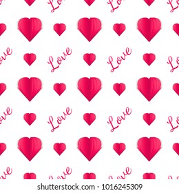 Paper heart.Seamless pattern of paper hearts and text. Idea for your design on the Valentine's Day 2018. Design for holiday gift wrapping. cut illustration. Love.Papercut.February 14