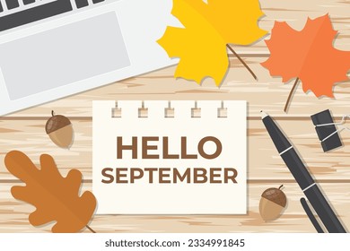 papel con texto de saludo de septiembre, composición de estrado plano con portátil, hojas de otoño sobre escritorio de madera- ilustración vectorial
