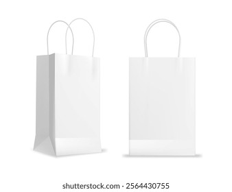 Paper high form shopping bag isolated packages. Retail present bags, sale merchandise products. Empty shopper bags template, supermarket shop mall packs. Empty bags vector illustration design