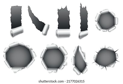 Paper hole collection of gray torn paper. Torn sides over dark paper background with space for text. Realistic torn paper template