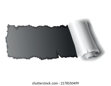 Paper hole of gray torn paper. Torn sides over dark paper background with space for text. Realistic torn paper template