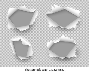 Paper hole. Ripped edge torn holes, cardboard rip burst. Damaged sheet with curled pieces, open paper gap. Realistic vector set, isolated empty bullets ripping page texture
