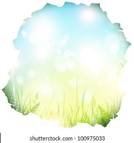 paper hole with spring background and green grass, copyspace