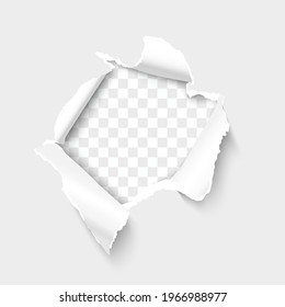 Paper hole. Torn white paper page with ripped edges. Realistic vector illustration