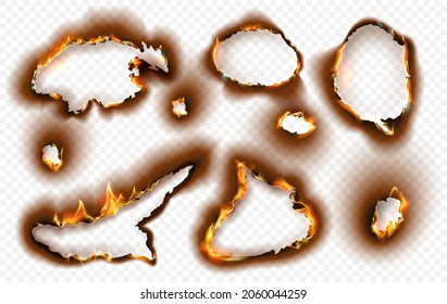 Paper holes with realistic burnt effect and fire flame. Burning torn charred edges with black ash. Scorched ripped hole circles vector set. Damaged, destroyed paper sheet with shaped frames