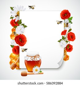 Paper and honey composition with floral patterns honeycomb and different stylish elements around white paper sheet vector illustration
